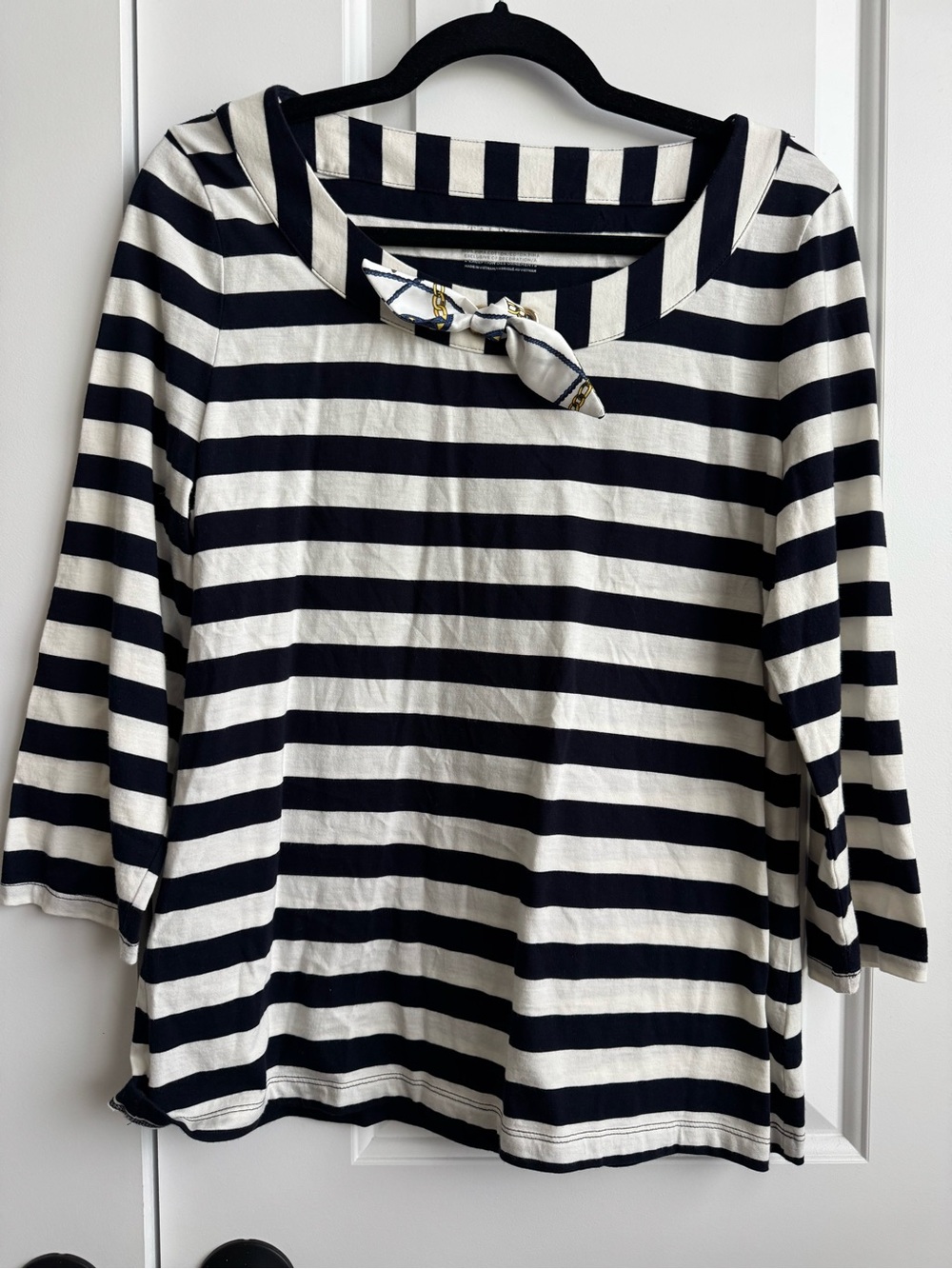 Talbots Navy Striped Pima Cotton Bateau Top w/ Nautical Accent Bow L